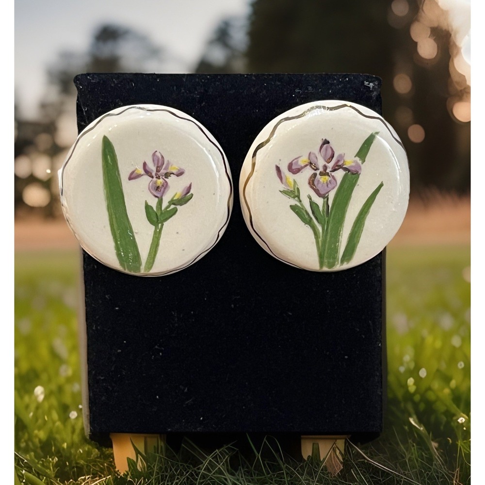Vintage Porcelain Round Purple Lily Floral Stud Earrings Signed